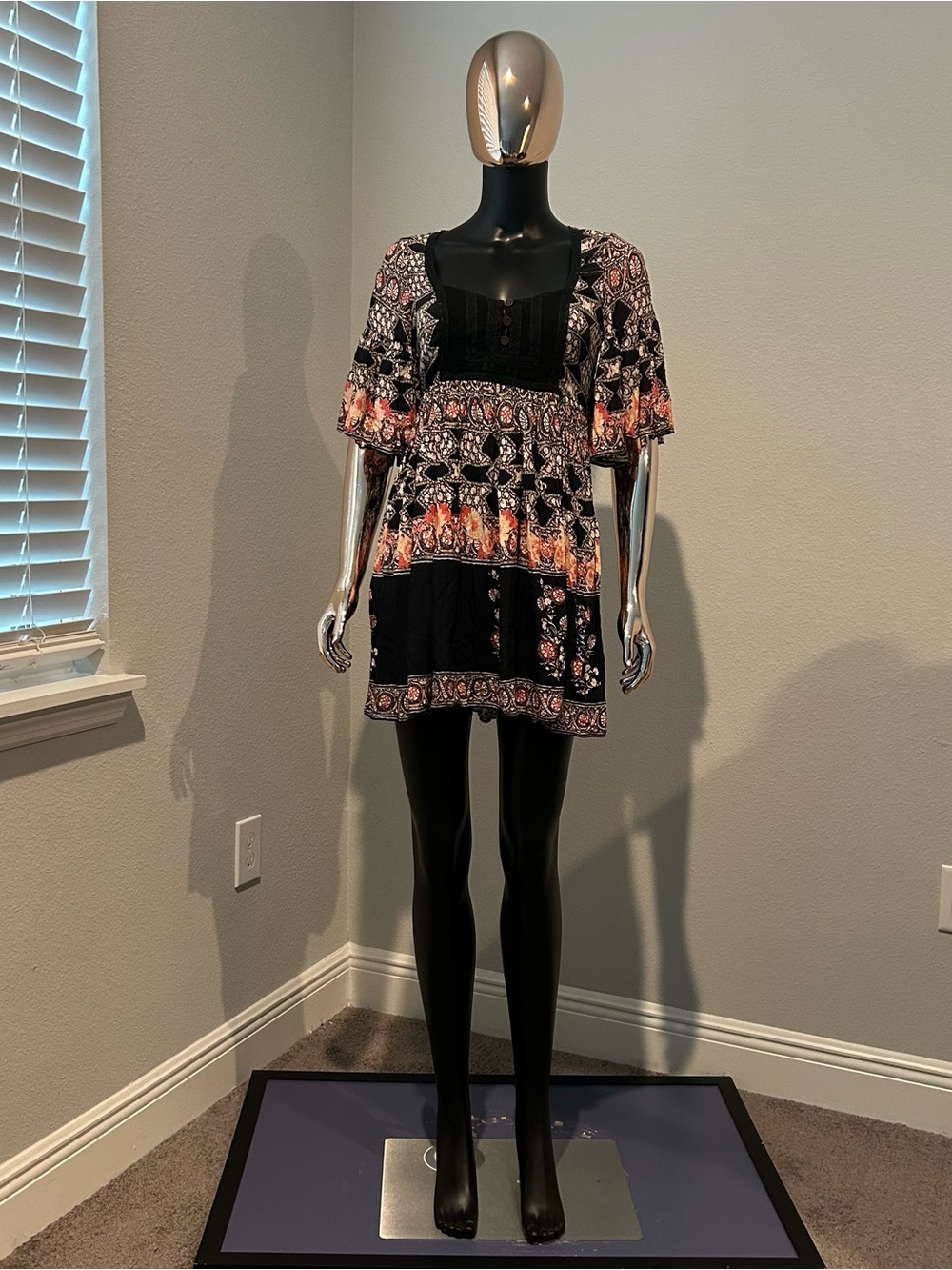Free People Black Tunic with Peach Floral Border